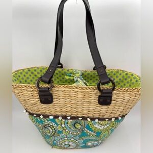 VERA BRADLEY Peacock Beach Cruise Tote Teal Print Women's Purse Handbag Straw
